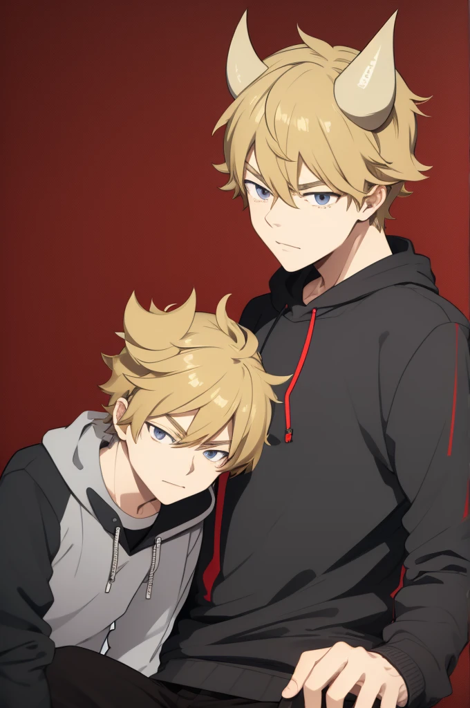Tord Larsson from Eddsworld anime version, his hair is brown blonde, His hair is shaped like two little horns on his head. with gray eyes, red sports sweatshirt and sports bus, tomboy.
