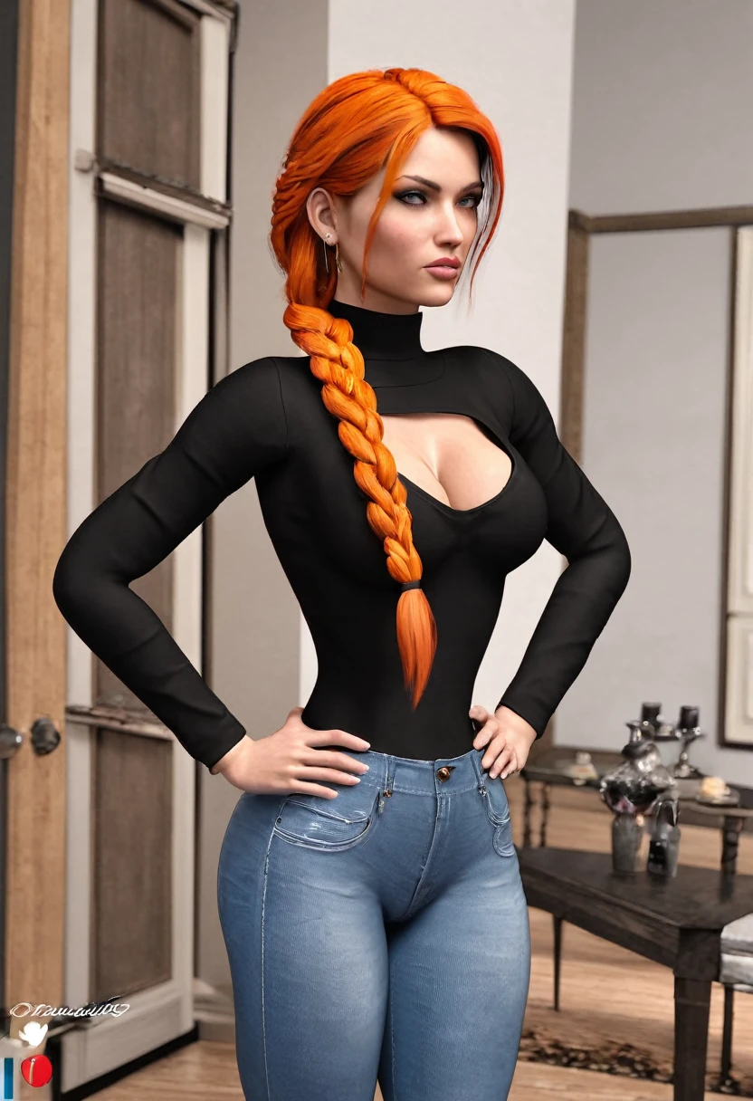 1 female, hourglass figure, pouty look, housewife, cleavage, Black turtleneck, small waist, thick thighs, orange hair, braided, hands on hips, tight jeans, masterpiece, 4k.
