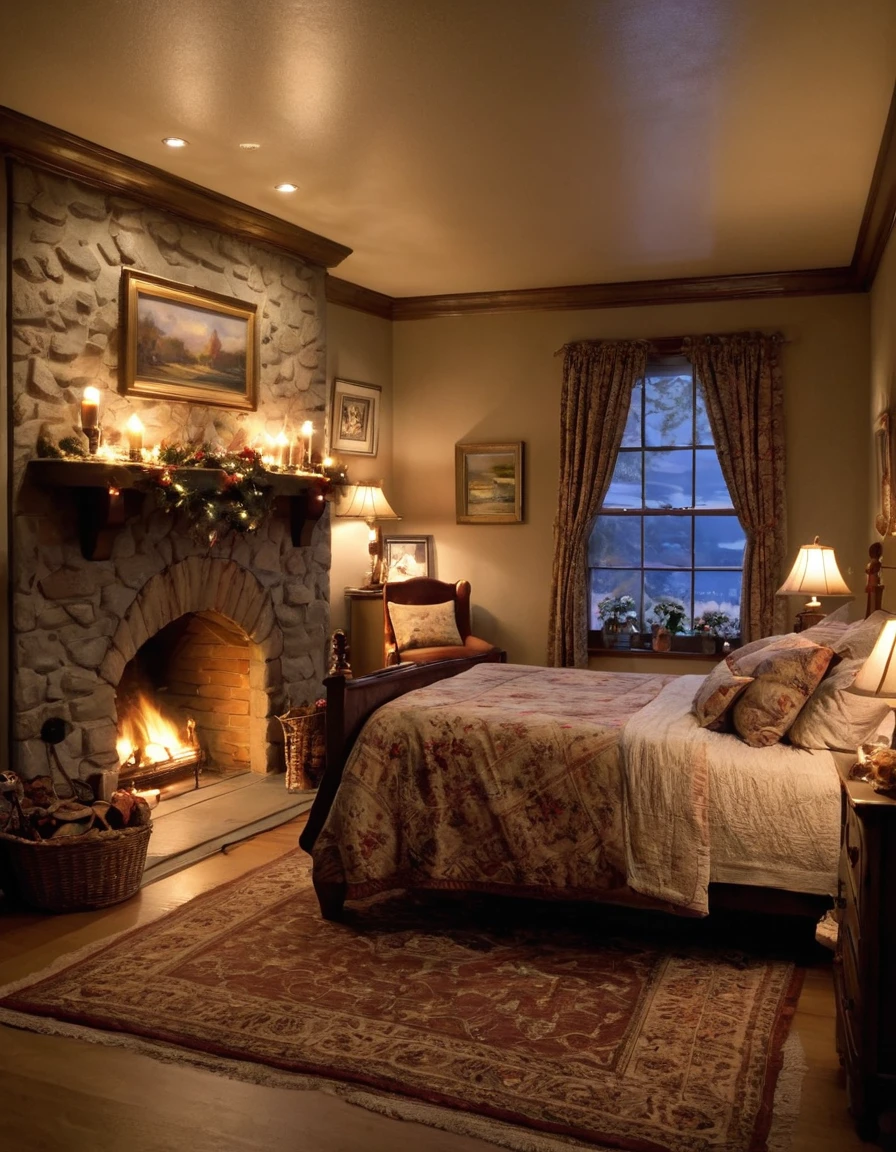 arafed bedroom with a fireplace and a bed with a blanket, thomas kinkade. cute cozy room, cozy and calm, cozy setting, very cozy, cozy wallpaper, cozy room, cozy place, cozy and peaceful atmosphere, cosy enchanted scene, cozy candlelight, cozy environment, cozy bed, soothing and cozy landscape, cozy atmosphere, cosy fireplace