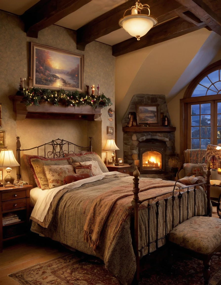 arafed bedroom with a fireplace and a bed with a blanket, thomas kinkade. cute cozy room, cozy and calm, cozy setting, very cozy, cozy wallpaper, cozy room, cozy place, cozy and peaceful atmosphere, cosy enchanted scene, cozy candlelight, cozy environment, cozy bed, soothing and cozy landscape, cozy atmosphere, cosy fireplace