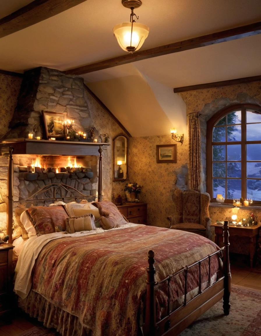 arafed bedroom with a fireplace and a bed with a blanket, thomas kinkade. cute cozy room, cozy and calm, cozy setting, very cozy, cozy wallpaper, cozy room, cozy place, cozy and peaceful atmosphere, cosy enchanted scene, cozy candlelight, cozy environment, cozy bed, soothing and cozy landscape, cozy atmosphere, cosy fireplace