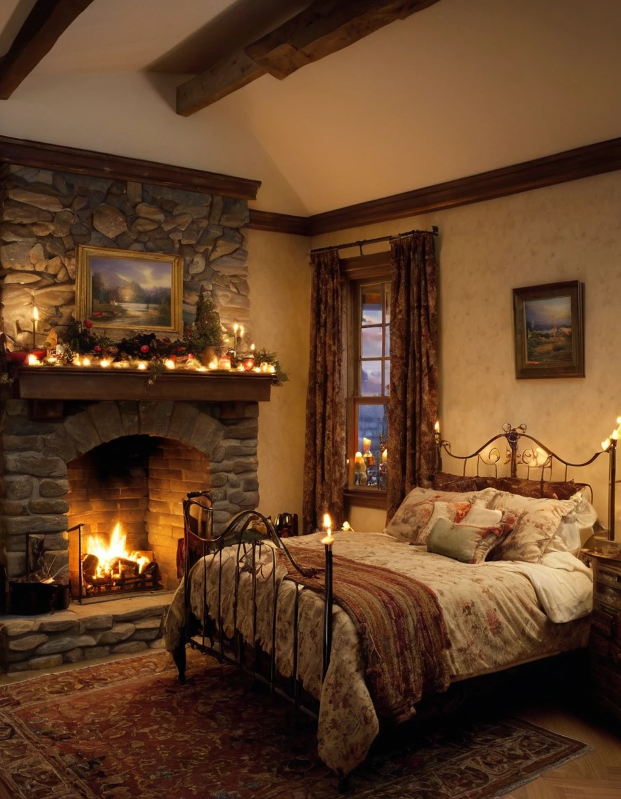 arafed bedroom with a fireplace and a bed with a blanket, thomas kinkade. cute cozy room, cozy and calm, cozy setting, very cozy, cozy wallpaper, cozy room, cozy place, cozy and peaceful atmosphere, cosy enchanted scene, cozy candlelight, cozy environment, cozy bed, soothing and cozy landscape, cozy atmosphere, cosy fireplace
