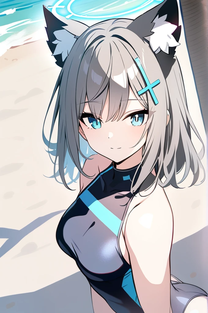 shiroko \(blue archive\),light smile,looking at viewers,wolf ears,at beach,skimpy swimsuit