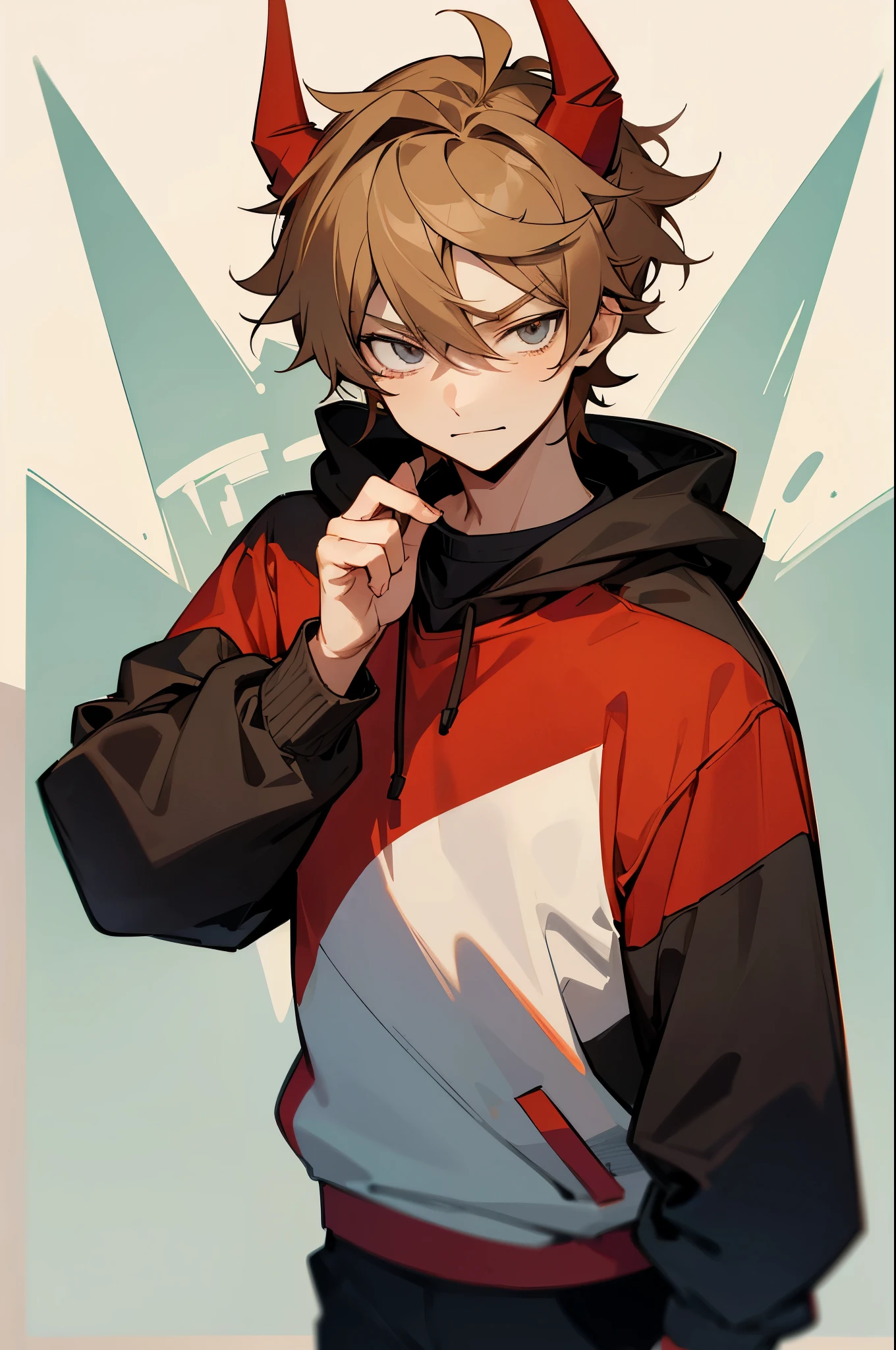 Tord Larsson from Eddsworld anime version, his hair is brown blonde, His hair is shaped like two little horns on his head. with gray eyes, red sports sweatshirt and sports bus, tomboy.