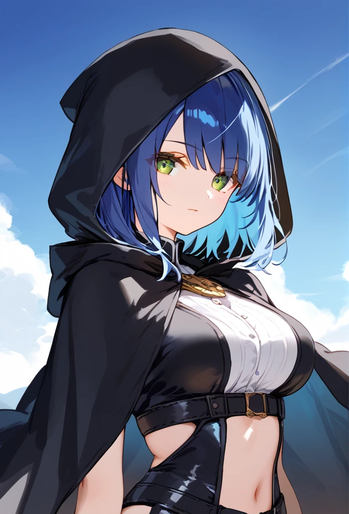 girl, blue hair, medium length hair, green eyes, black cape, hood on her head, black hood