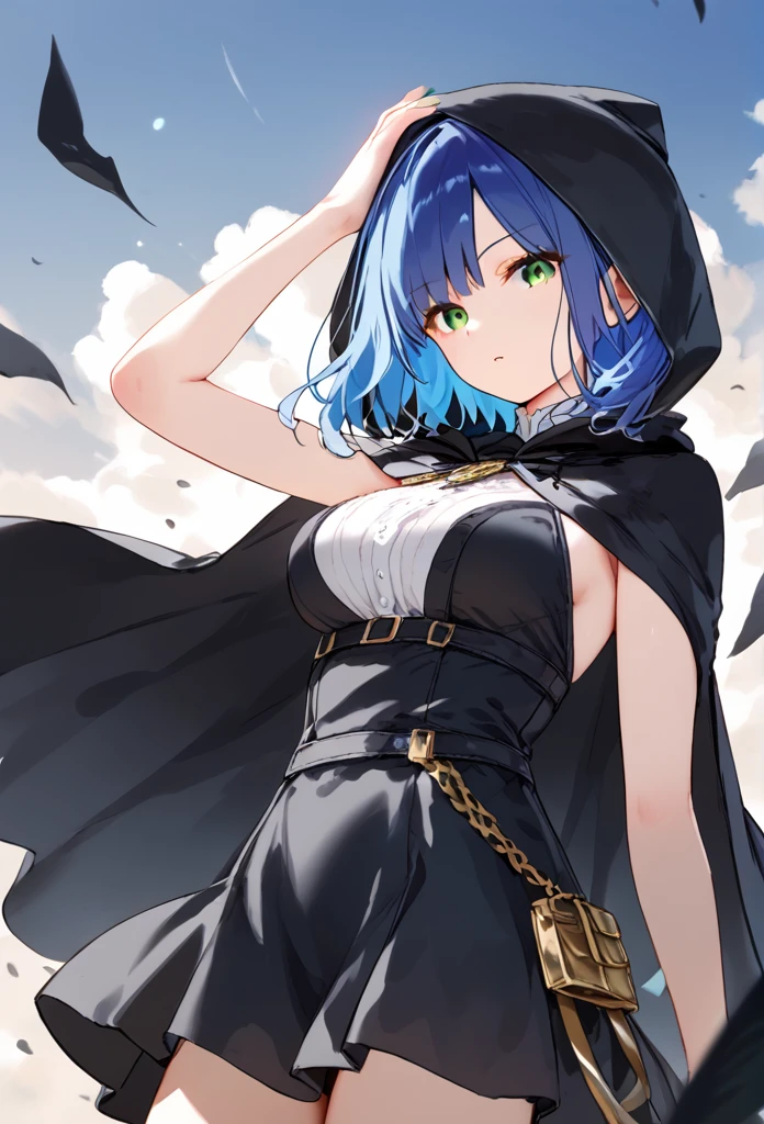 girl, blue hair, medium length hair, green eyes, black cape, hood on her head, black hood