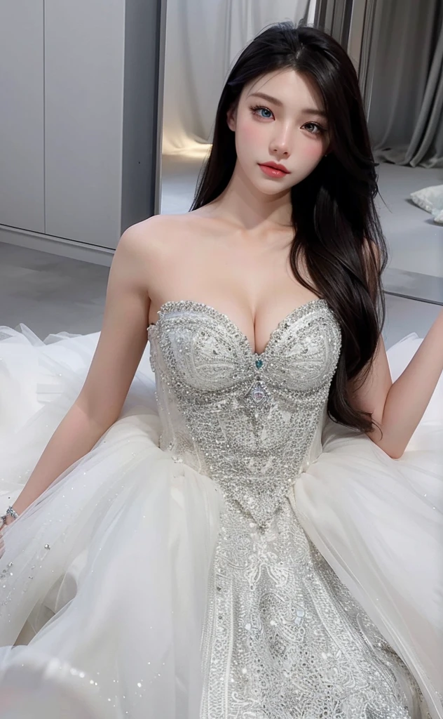 best quality,Clear face,Ultra HD,a beauty,Modern high-end crystal wedding dress,wedding photos,beautiful makeup,model,Small waist,Beautiful breast shape,Large Breasts