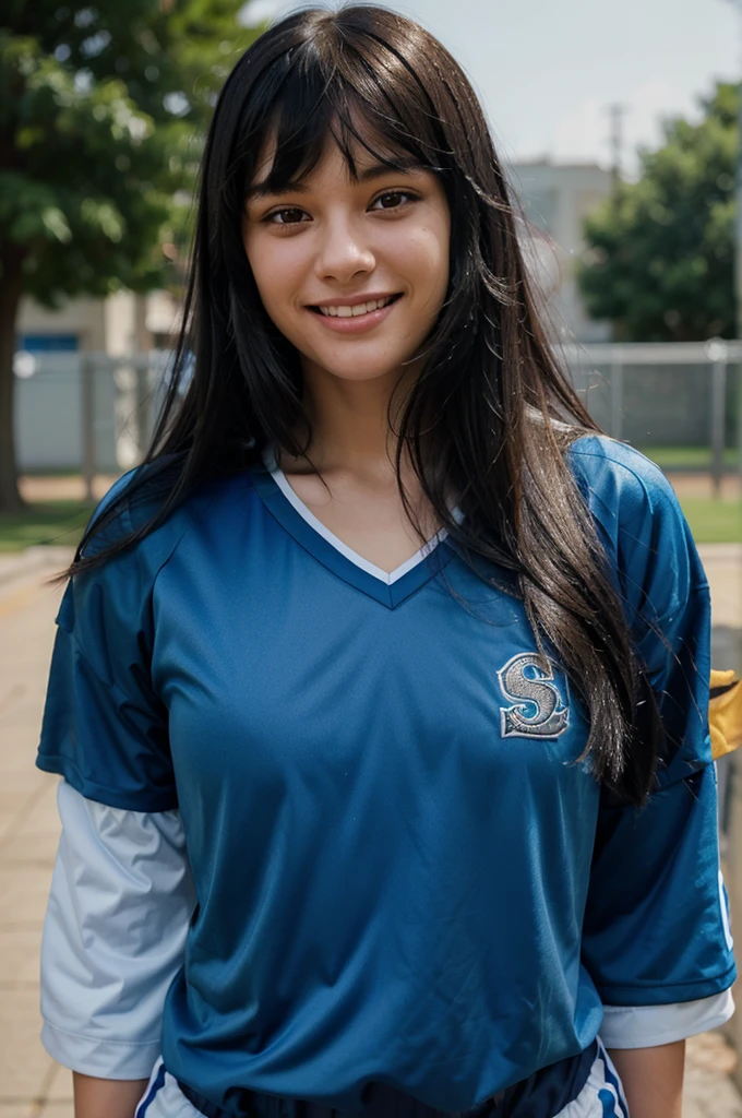 a girl with long, black hair with bangs to the side and a few thin strands of bangs on her forehead and wearing a blue lock Michael Kaiser jersey with her face slightly lowered with a smiling smile.