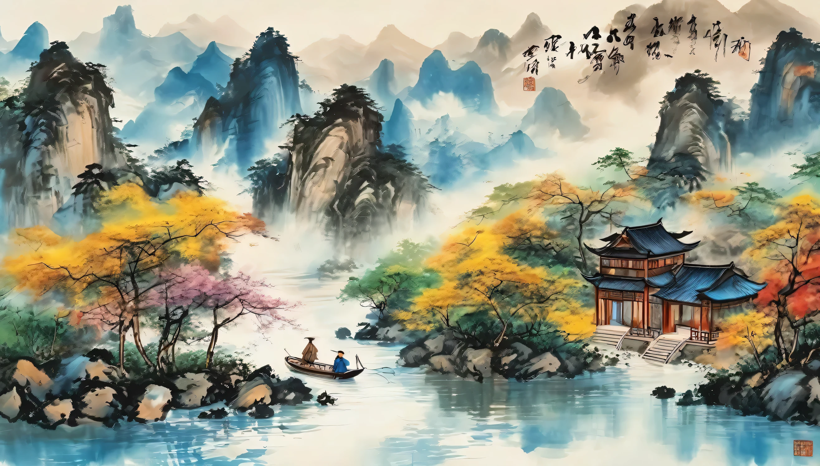 Highest quality,8K,Ultra Clear,Kimman.and, river,There is a boat in the water,There is an island on top of the mountain, Ink Painting, Chinese style,