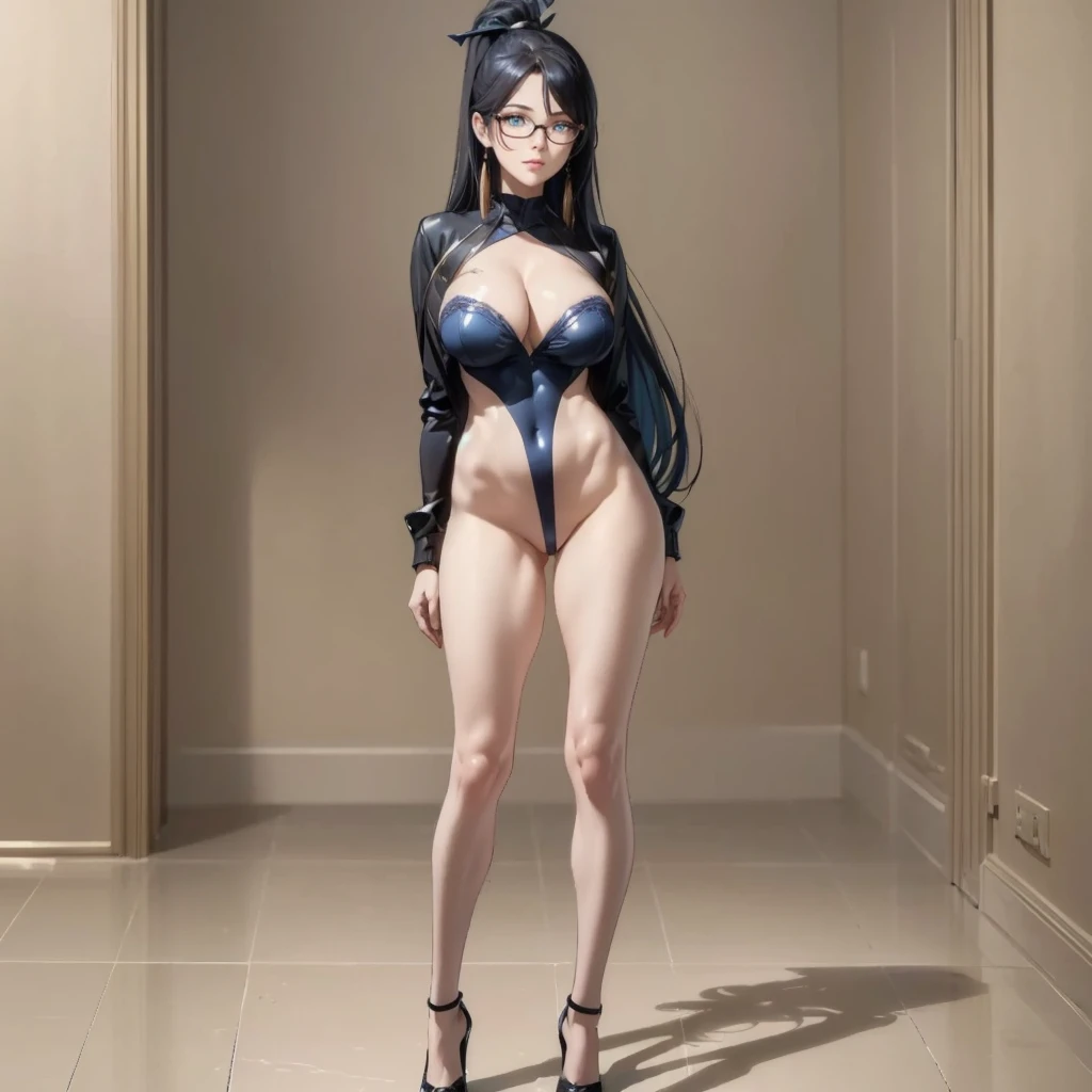 ((1girl, solo, full body, full body front)), (perfect anatomy, perfect hands, perfect legs), beautiful body, natural proportions BREAK

((extremely detailed face)), (beautiful detailed eyes:1.6), (realistic pupils, realistic iris:1), expressive eyes, looking at viewer, (clear eyes:1.2), (sharp facial features:1.2), (hyperrealistic:1), (detailed skin texture:1.2), smooth skin, (black   hair), (blue eyes), (long hair:1.3), tassel earrings, hair ornament, hair stick, glasses, semi-rimless eyewear, red-framed eyewear, ((mature female)), (detailed lips, attractive lips:1.2), (glossy lips:1) BREAK

(skin tight:1.5) BREAK

(masterpiece:1.2), best quality, high resolution, (highly detailed shading), (realistic lighting:1.2), anime-style, perfect lighting, vibrant colors, dynamic tones, striking hues, 8k, absurd resolution, perfect shadows, hdr, UHD, ambient lighting, realistic, ultra-realistic, photo realistic, highly detailed, rich detail, luminous colors, fine texture, intricate design, professional illustration, (soft light:1.2), (illustration:0.8)