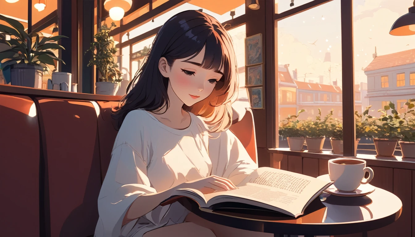 Sexy woman reading a book in a cafe、, Wide-angle lens, Lofi Anime, Lofi illustration, Aesthetic atmosphere, Lo-Fi Style, Vector art, Flat Design, Simple shape, Warm tones, Pleasant atmosphere, Chill, In anime style, Digital drawing, Vector art, Vector logo for t-shirt printing, (Adorable:1.5), (small:1.4), (Playful:1.2), (soft:1.3), (Whimsical:1.1), masterpiece, Highest quality, 8K, Intricate details, grow, Celestial, Mysterious, Picturesque, amazing, Majestic, Magic, Fantasy art, Cover art, dream-like