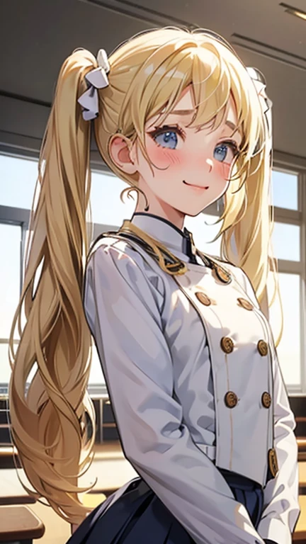 18-year-old、Blonde 、(((Twin tails)))、Small head、White Uniform、cute、Model Body Type、Mature、High body、Short skirt、Composition from below、Surprised face、classroom、Smile、blush、Upper body portrait、Prayer Pose