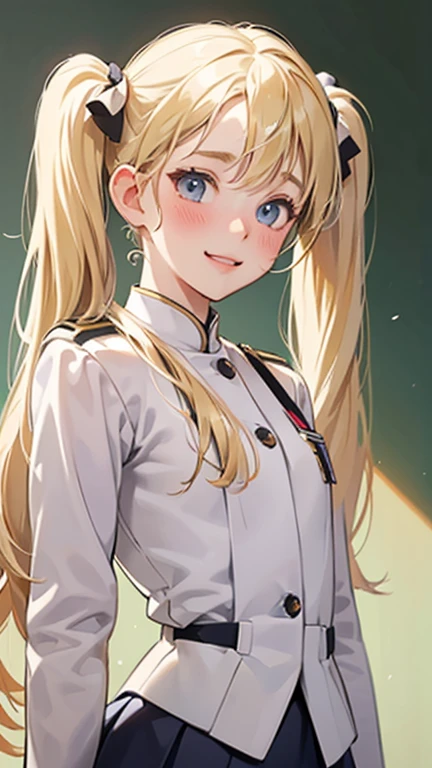 18-year-old、Blonde 、(((Twin tails)))、Small head、White Uniform、cute、Model Body Type、Mature、High body、Short skirt、Composition from below、Surprised face、classroom、Smile、blush、Upper body portrait、Prayer Pose