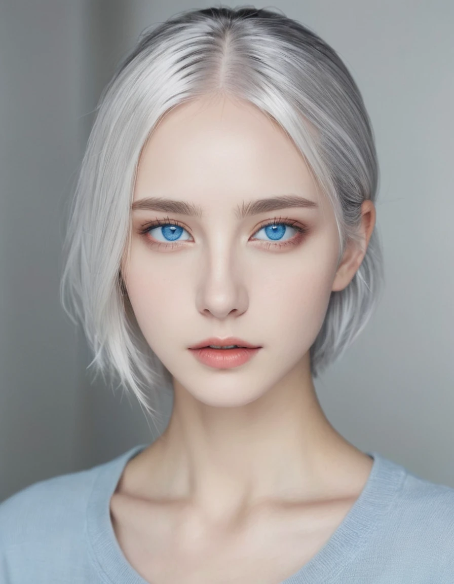 Bone white hair dull blue eyes , thin jaw and a blue gem on the forehead
