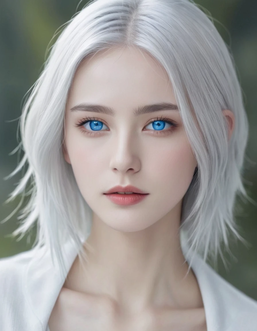 Bone white hair dull blue eyes , thin jaw and a blue gem on the forehead