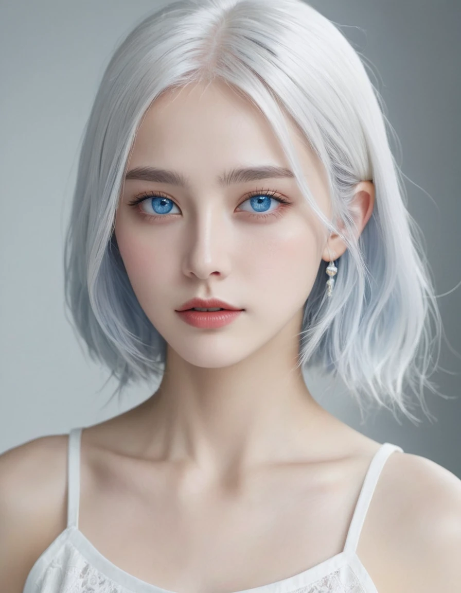 Bone white hair dull blue eyes , thin jaw and a blue gem on the forehead