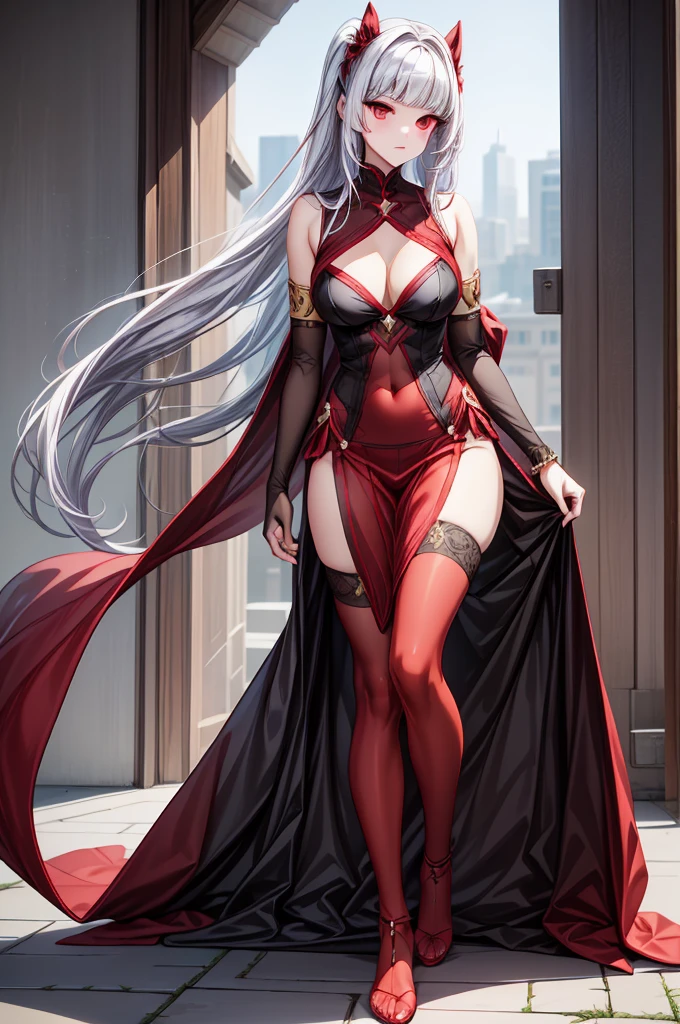 erza scarlet, half silver color steel breast plate with a cross pattern, bright red pupil, super mini battle skirt, holding giant silver board sword with both hand, high pony tail, perfect body shape, sharp angel aura, steel hand glove, holy tattoo, long red silk leggings, silver color hair, One violet hair stripe, one red hair stripe , one black hair stripe,silver color stylish pauldrons, 4k wallpaper quality, silver color bracelet, armlet, full body shot, strictly straight hair, strictly straight bangs,