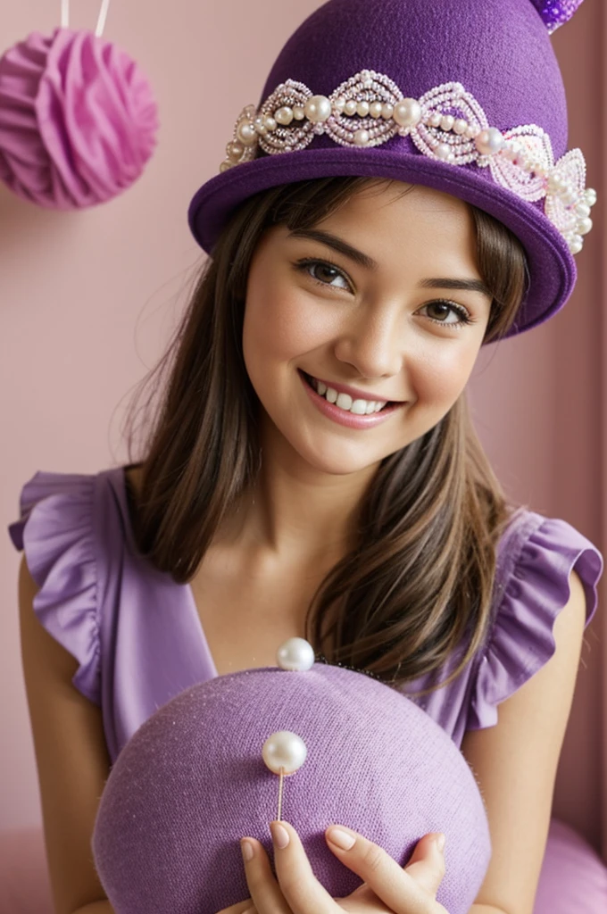 Create a cover for a storytelly where you can see a purple hat-shaped pincushion with pink ribbon and pearls that simulate your hands, this pincushion is floating with magic dust and a girl looking at it smiling, make it realistic person version