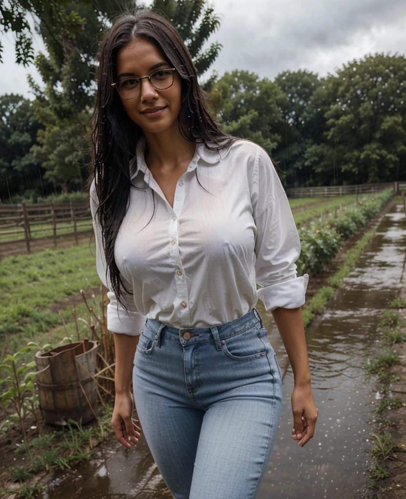 1 sexy woman native American, light dark skin, glasses, walking in the farm, heavily rain, full body photo, masterpiece, real photo, hight resolution, best quality, (photorealistic), (white lady shirt open collar) and (blue skinny jeans), all cloths are wet, wearing cowboy boots, in  the farm, cloudy, dark sky, sexy woman, skinny, large big breasts, black long hair, detailed face, smile, sexy, round butts, facing the camera, photo taken from a distance, age of 45 years old