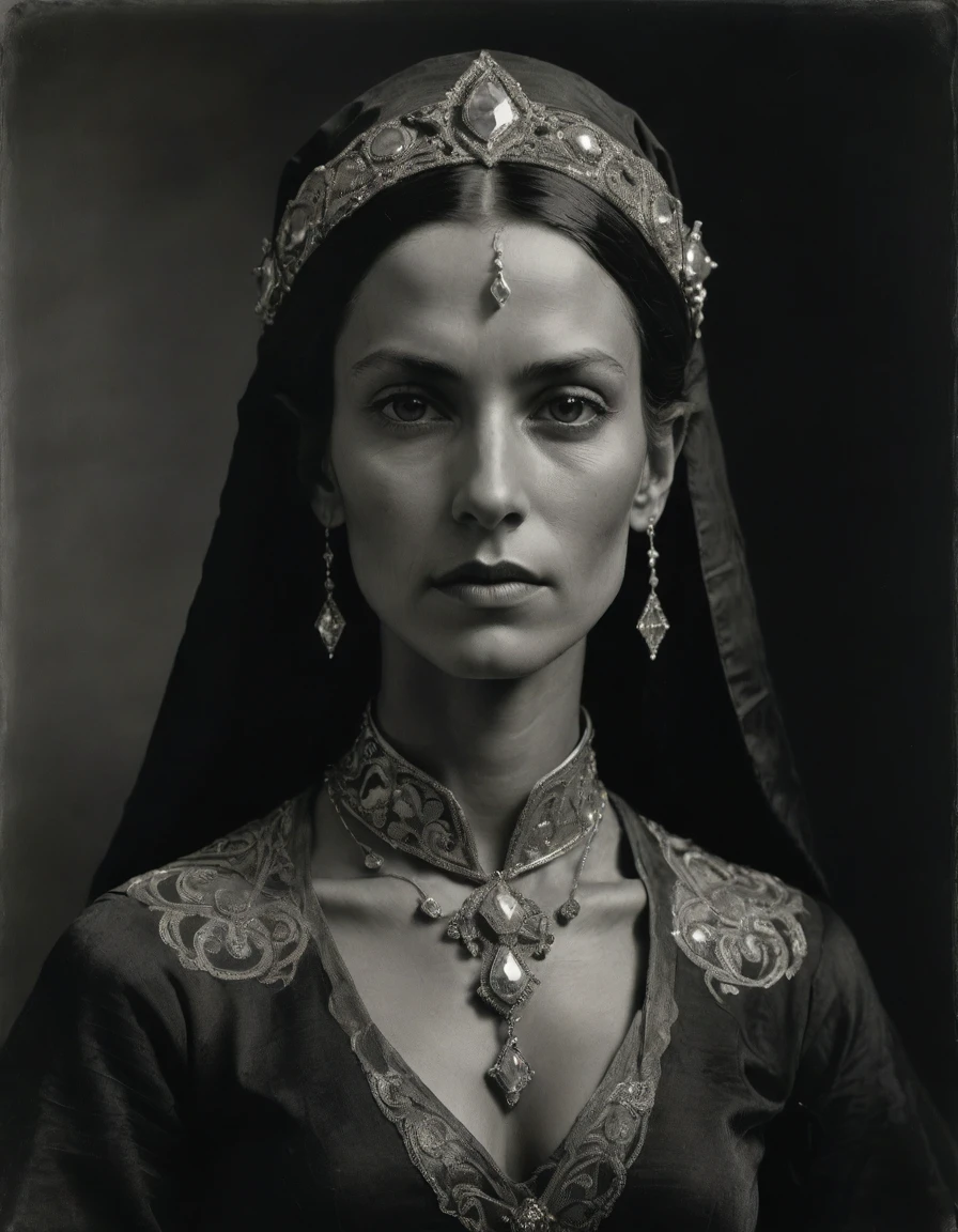 by Léon Bakst, by Moebius Jean Giraud, (((Rough monochrome drawing, gray scale, Linear style, hand drawn, coal sketch on paper))), a powerful noblewoman, bronze skin, tanned, dignified, sensual, facing viewer. She is wearing a fur hat and a lace face veil. She is wearing a black Byzantine caftan with Mughal elements, embroidered Slavic elements, sashes, diamond shape pendant