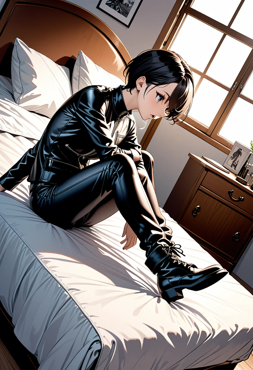 detailed illustration, dynamic angle, ultra-detailed, illustration, leather journal sitting on bed, bedroom