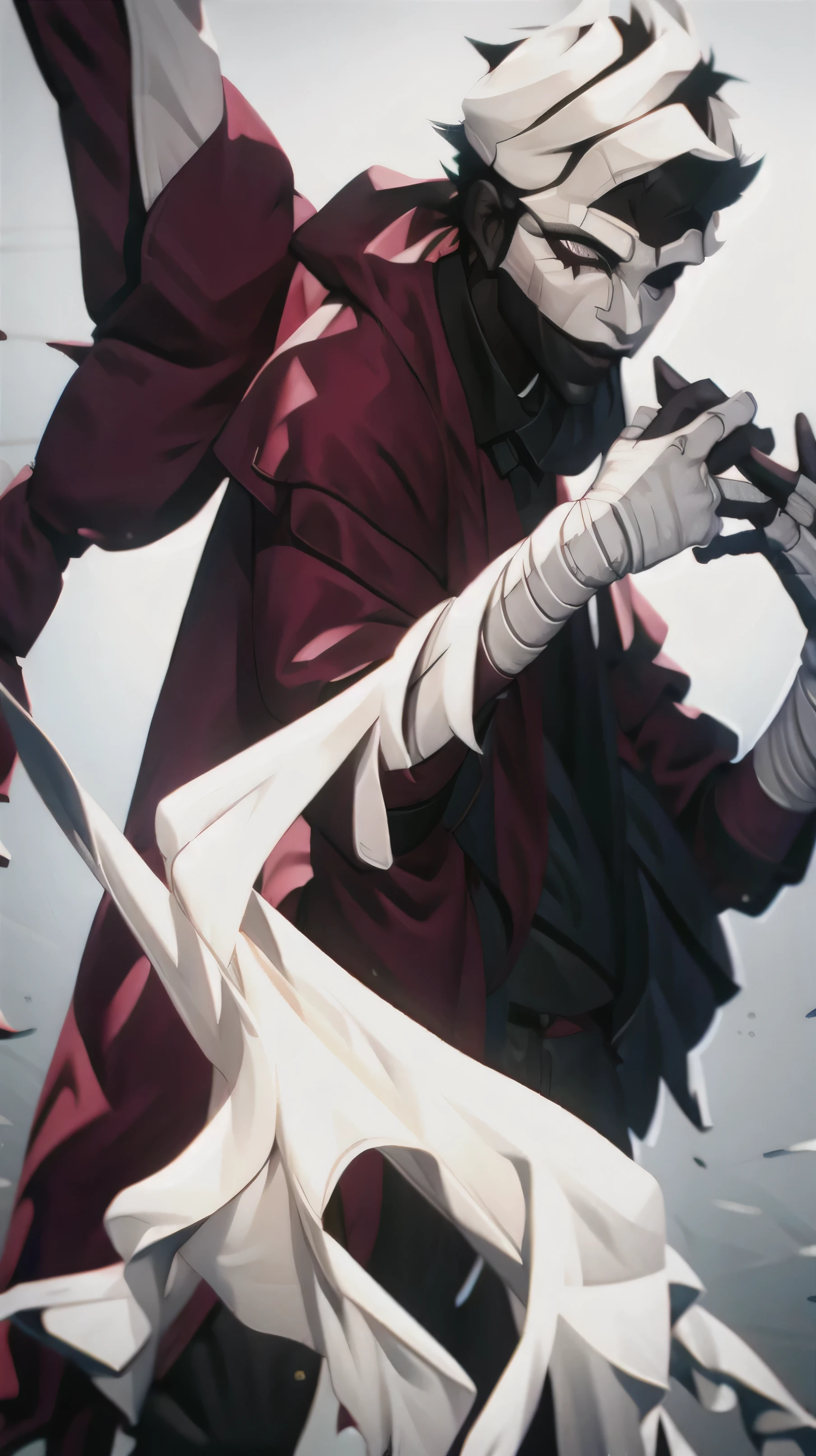 Vincent Law, burgundy cloak, bandages, mask