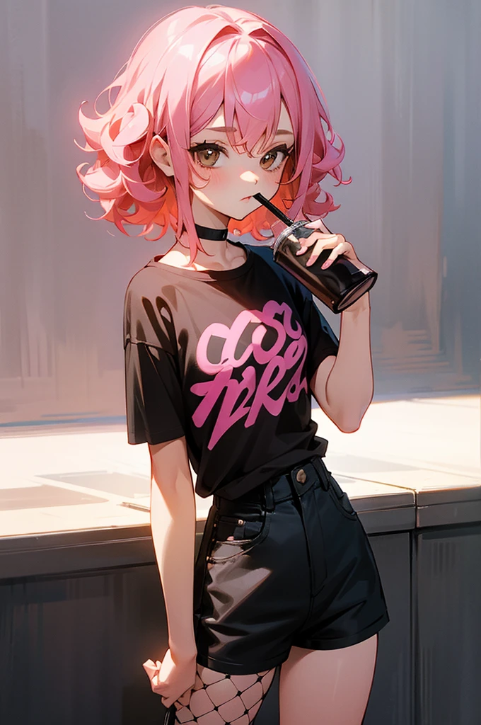 cute girl, pink hair, curly hair, brown eyes, black t-shirt, black shorts, black fishnets, standing, drinking coffee