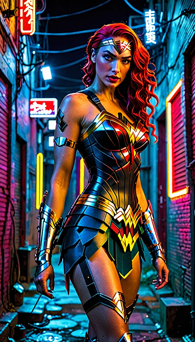 Wonder Woman in cyborg and cyberpunk look in an alley, de nuit, lit by neon lights. Half Shaved Red and Yellow Hair. Taouages tribal moderne,