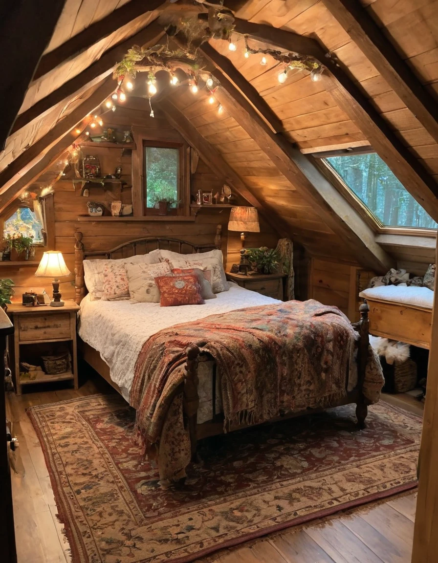bedroom with a bed and a rug in a small room, cozy room, cozy treehouse bedroom, small bedroom, cozy place, cozy bed, cottagecore hippie, thomas kinkade. cute cozy room, in an attic, cottagecore, cozy and peaceful atmosphere, pleasant cozy atmosphere, cottagecore!!, cabin in the woods