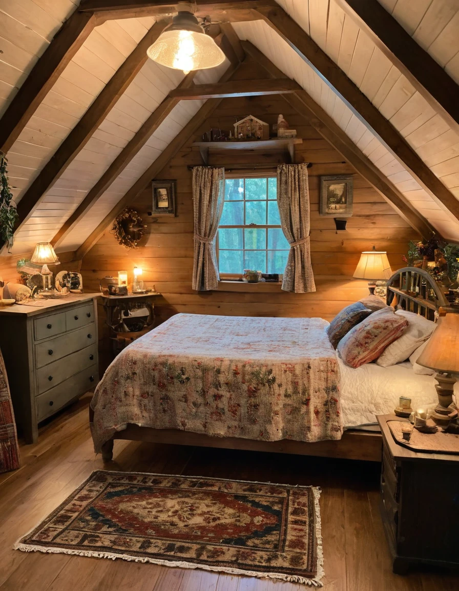 bedroom with a bed and a rug in a small room, cozy room, cozy treehouse bedroom, small bedroom, cozy place, cozy bed, cottagecore hippie, thomas kinkade. cute cozy room, in an attic, cottagecore, cozy and peaceful atmosphere, pleasant cozy atmosphere, cottagecore!!, cabin in the woods