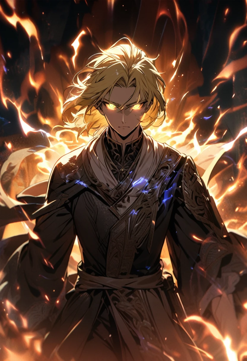 male, solo, handsome, blond hair, god, god eyes, glowing eyes, light, aura, holo