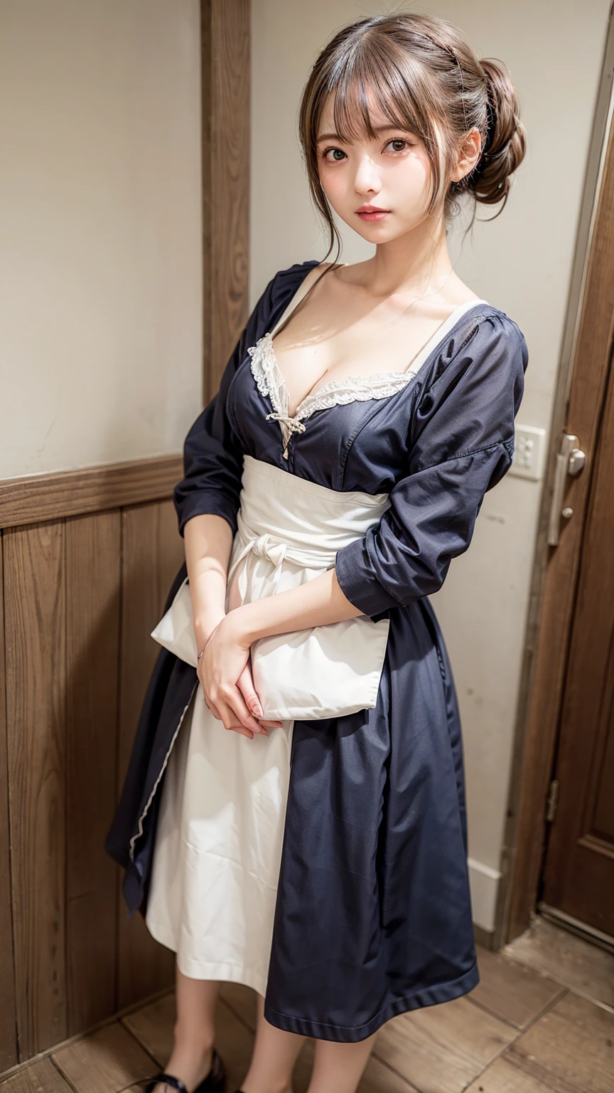 8K quality、High resolution、Maid、Realistic skin texture、Tidying up on tiptoes、High resolutionの肌、Blonde ponytail、thin、Small breasts、Beautiful cleavage、thin脚、Full Body Shot、Wetting、白黒のMaid服、