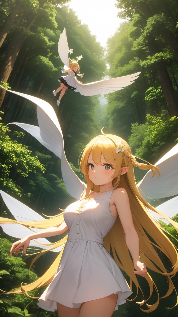 Showing the whole body, cute, baby face, big breasts, flying in the sky, in the forest, simple white dress, long hair, alone, short, fairy wings, honey blonde hair, orange eyes, flying
