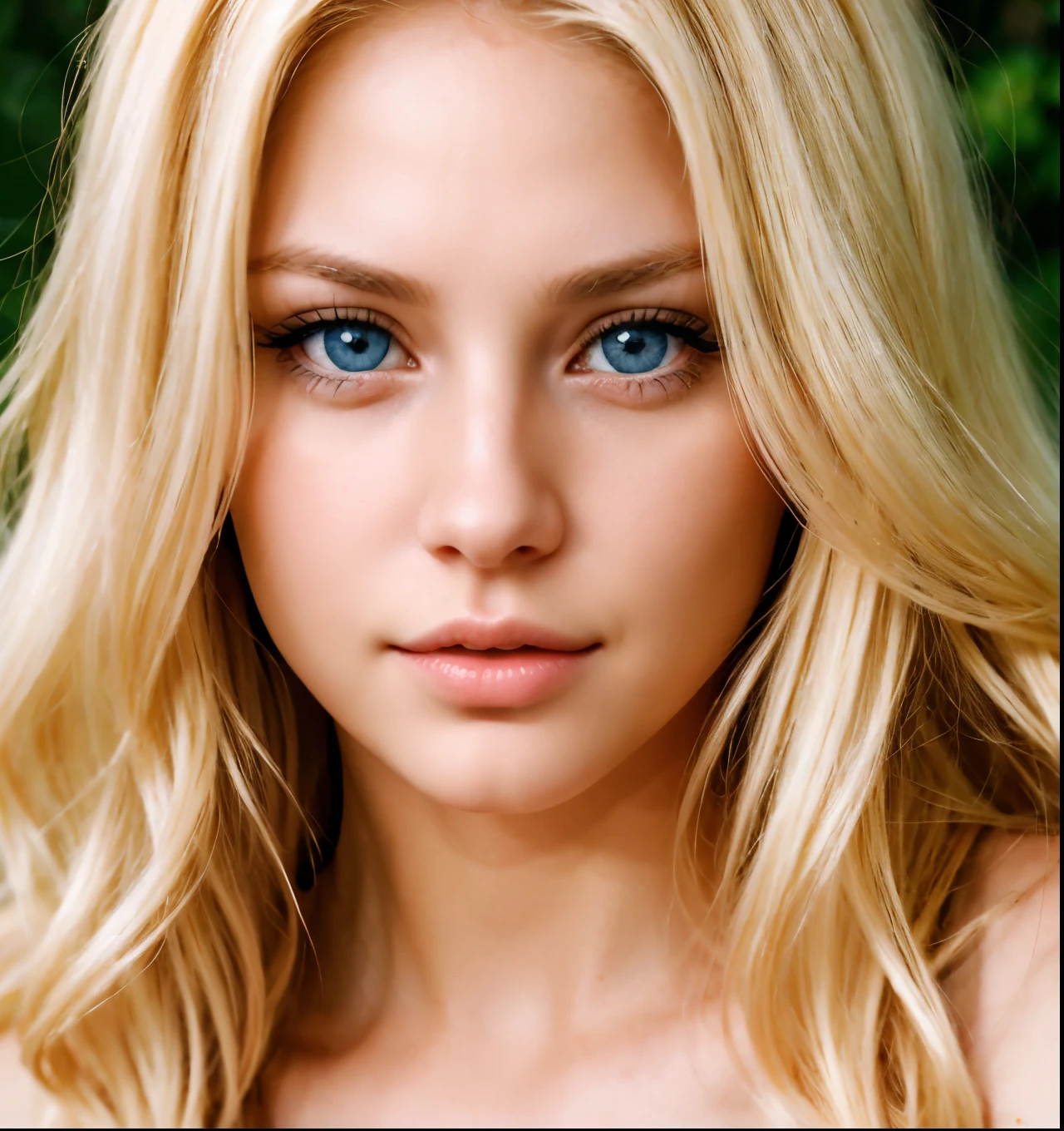 Blonde girl Realistic photo Looking straight into the camera Blue eyes Plump lips Slanted eyes Sensual look Very realistic photo Ultrastructured skin Large eyelash extensions Skin slightly pimpled