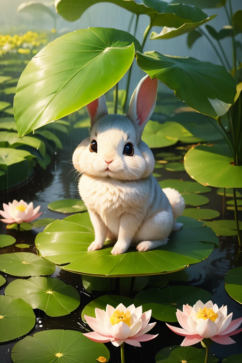 rainy days, A round-eyed cute Rabbit、Take shelter from the rain under a large lotus leaf, trpical garden.