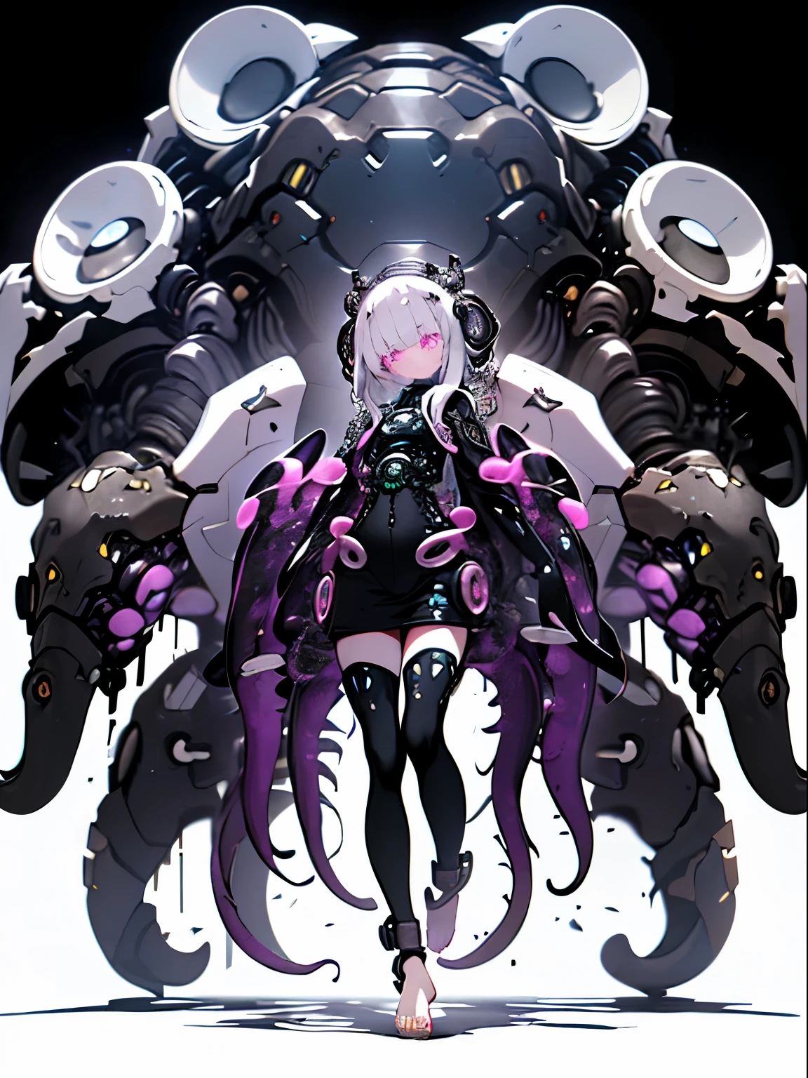 (((Gloomy Tentacle Biopunk))), ((Gloomy biopunk girl)), Iron mask, ((Many long, closed garments)), Biopunk cape-shaped clothing, (Closed posture),(((masterpiece))), ((best quality)), (Super Detail), (CG Illustrations), (so beautiful),altar，Offspring of the Evil God，（Full breasts：1.7），beautiful girl，Tentacle armor， (A body wrapped in mechanical tentacles:1.6)，Tentacle Room，Sexual suggestion，Barefoot，（barefoot：1.6），血肉altar，cursed， sit, Cold Lighting, Abandoned biopunk landscape, (Disdain for video game style), Horror atmosphere, There are some scary things, Highly detailed biopunk background, Background provided by Hans Giger, Perfect anatomical structure, masterpiece