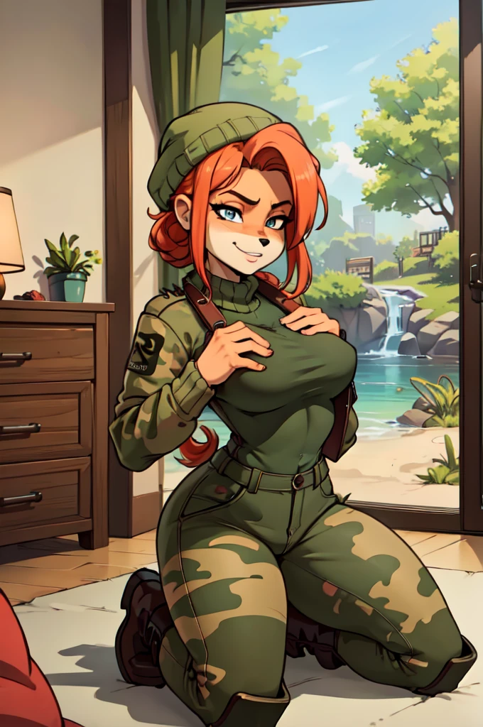 (best quality,4k,8k,highres,masterpiece:1.2),ultra-detailed,realistic:1.37,portrait,anthro bandicoot girl redhead, braided hair, beautiful closed eyes, sexy ,seductive, warm sweater, ,camouflage beanie-balaclava ,camouflage pants, army boots, smirking, cozy lighting, vibrant colors , girl anthro , sweater, camouflage beanie, camouflage pants, army boots, futanari, unzipped pants lewd , nsfw