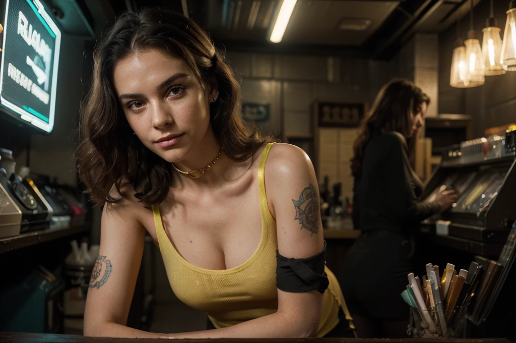 (masterpiece:1.2, best quality, ultra detailed, golden ratio, ultra realistic:1.3), Theatrical lighting:0.7, Photo of a retro-futuristic mercenary woman similar to Revy from Black Lagoon by Rei Hiroe, retrofuturism dressed (Tops, T-Shirts, Tight Shirts, Tight Dresses:1.0), vibrant makeup, pub basement, plants, houseplants, perfect rare face, highly detailed skin, curly dyed long hair, (some cute punk hair clips:1.0), Hide mouth with hands, inked, tattoos, pale shiny skin, thin, large size, Sharp focus on rare face, perfect eyes:1.2, photorealistic, film grain, one foot forward, from below looking up, look at camera, Emphasize shoulders with holster, scabbard, tactical knife, Focus on face, stockings, Scarves, Collars, smile with raised mouth corners, disdainful expression, night lights, instagram style, backlit, outer space, retro tech, cyberpunk, Retrofuturism, 80's perm, foggy, misty, 80's house, muted warm colors, cinematic portrait, vinil dress, neon night lights, tilted:1.3, suburban retrofuturistic, cautious, spotlight, volumetric dust clouds, key light, backlight, soft natural neon lighting, film grain ISO 800, 35 mm lens, RAW f2.8 aperture, analog photography, hdr colors