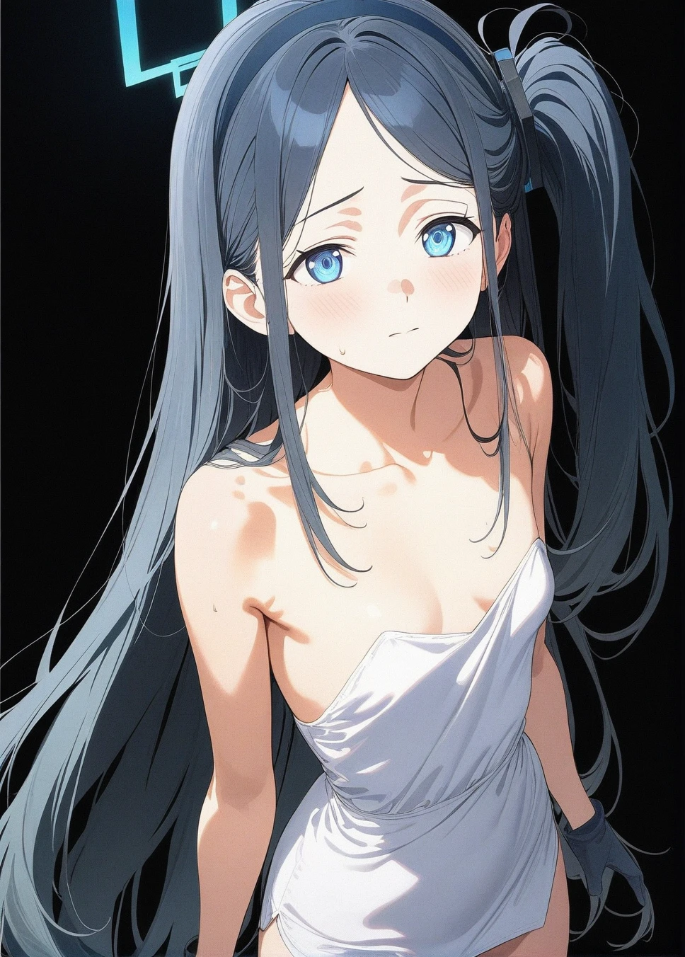 best quality, amazing quality, very aesthetic, absurdres, 1girl, aris (blue archive), blue archive, blue eyes, strapless, (artist official art:1.5), (realistic face), (narrowed eyes), (from above:0.7), (cowboy shot:2), (concept art:1.5), panties, (thigh), expressive eyes, perfect face, 4k, extremely detailed anime illustration, extremely detailed eyes, enhanced details, perfect anatomy, light rays, photo background, extremely delicate body, smooth skin, feminine expression, (black background:2), cristal clear eyes, beautiful face,