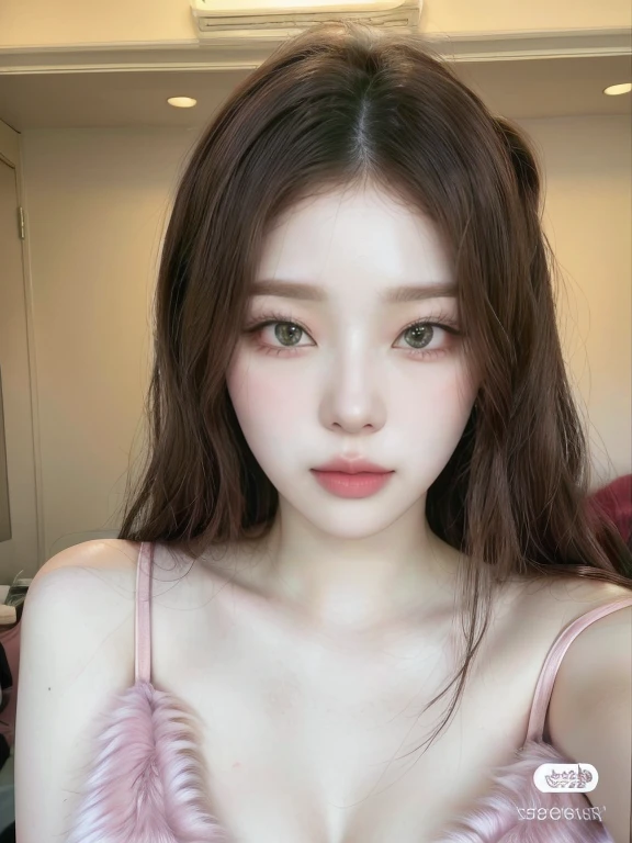 Winter Kim, full lips, doll lips, large eyes, wavy fur, pink fur, wide.