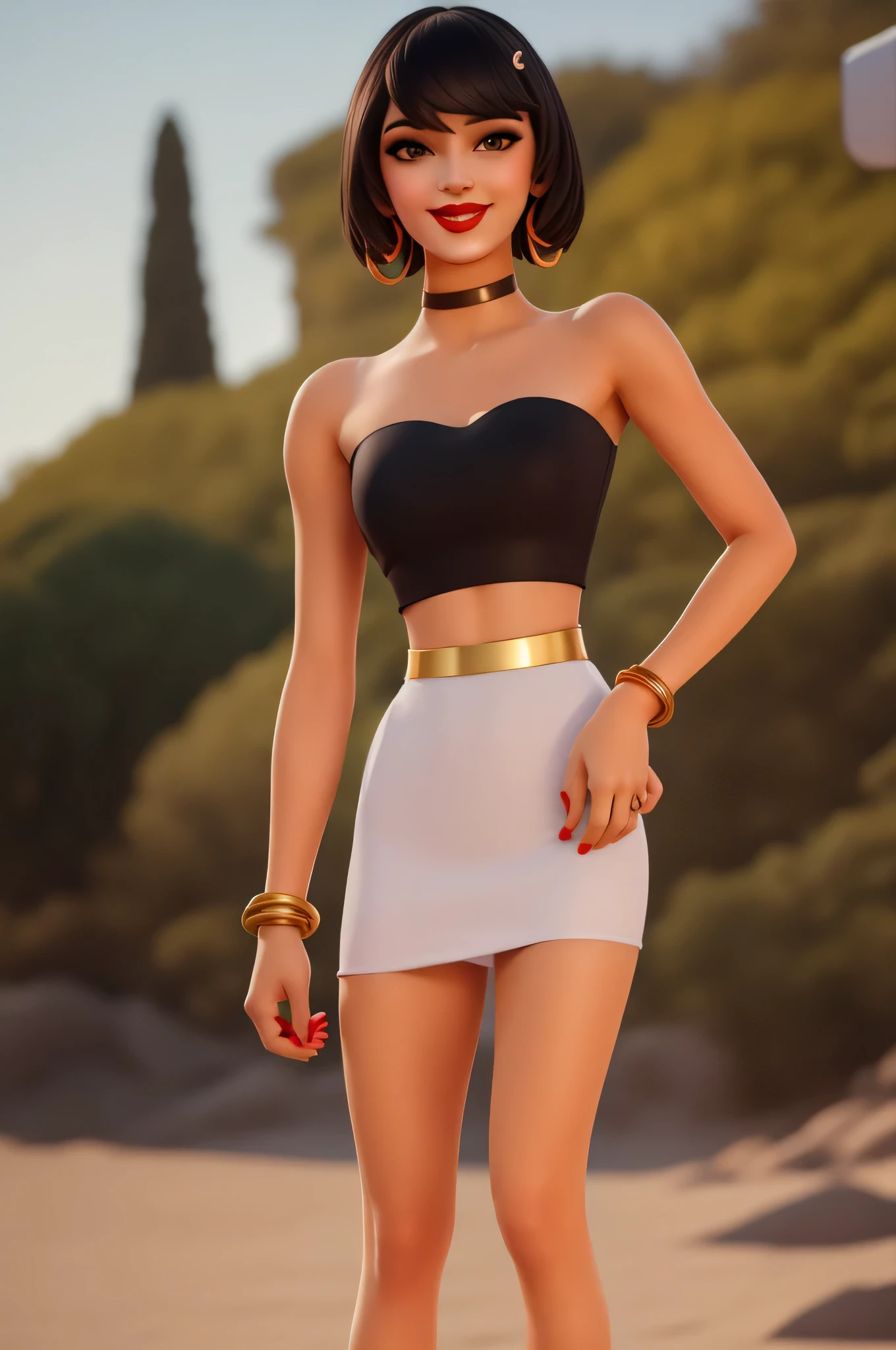 xyzevie, 1 girl, solo, breasts, looking at viewer, smile, short hair, black hair, brown eyes, jewelry, medium breasts, gold bracelet, red lips, strapless black tube dress, makeup, black choker, beach background, gold hoop earrings, bangle,
