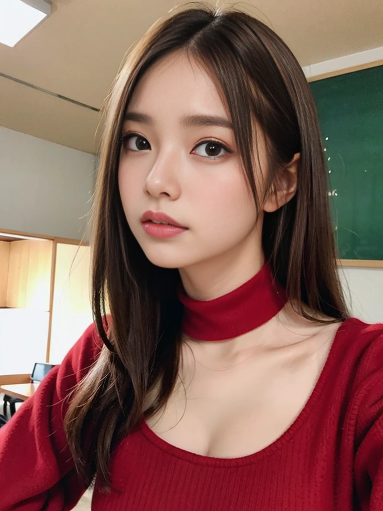 Random pose、Top quality、Ultra-high resolution、(Photorealistic:1.5)、1 girl、Red sweater、(Brown hair:1.2)、(Big breasts:1.2)、Classroom、Looking at the audience、close up、whole body、Hateful eyes
