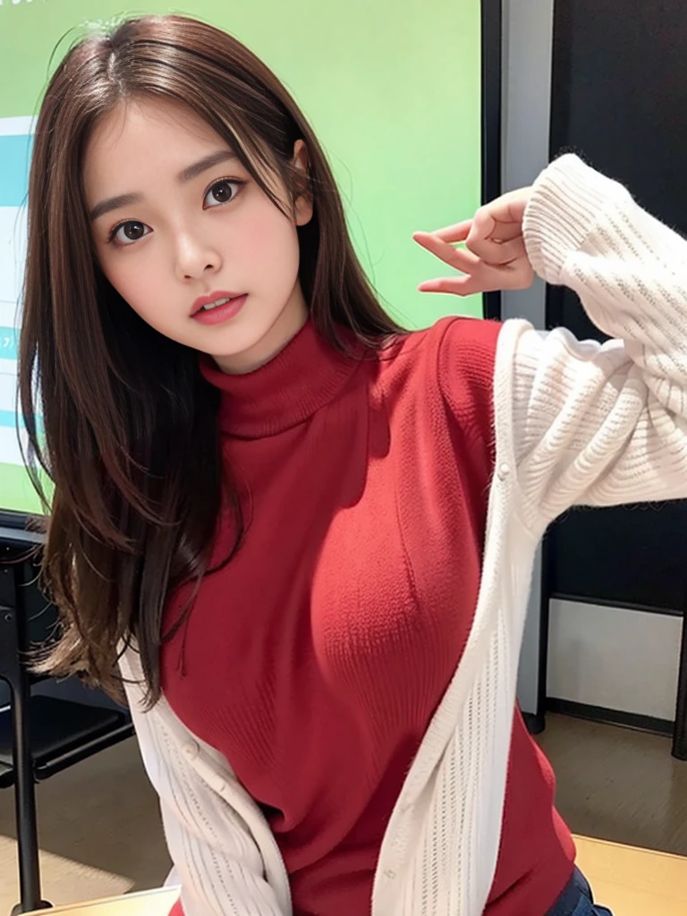 Random pose、Top quality、Ultra-high resolution、(Photorealistic:1.5)、1 girl、Red sweater、(Brown hair:1.2)、(Big breasts:1.2)、Classroom、Looking at the audience、close up、whole body、Hateful eyes