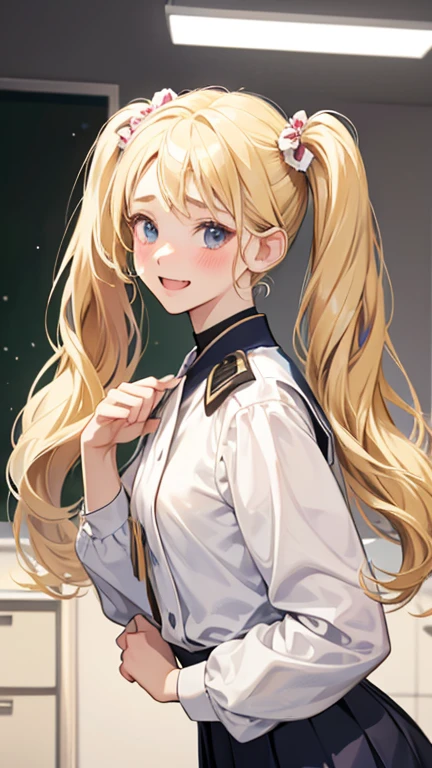 18-year-old、Blonde 、(((Twin tails)))、Small head、White Uniform、cute、Model Body Type、Mature、High body、Short skirt、Side view、Surprised face、classroom、Smile、blush、Upper body portrait、Prayer Pose、Embarrassed and depressed