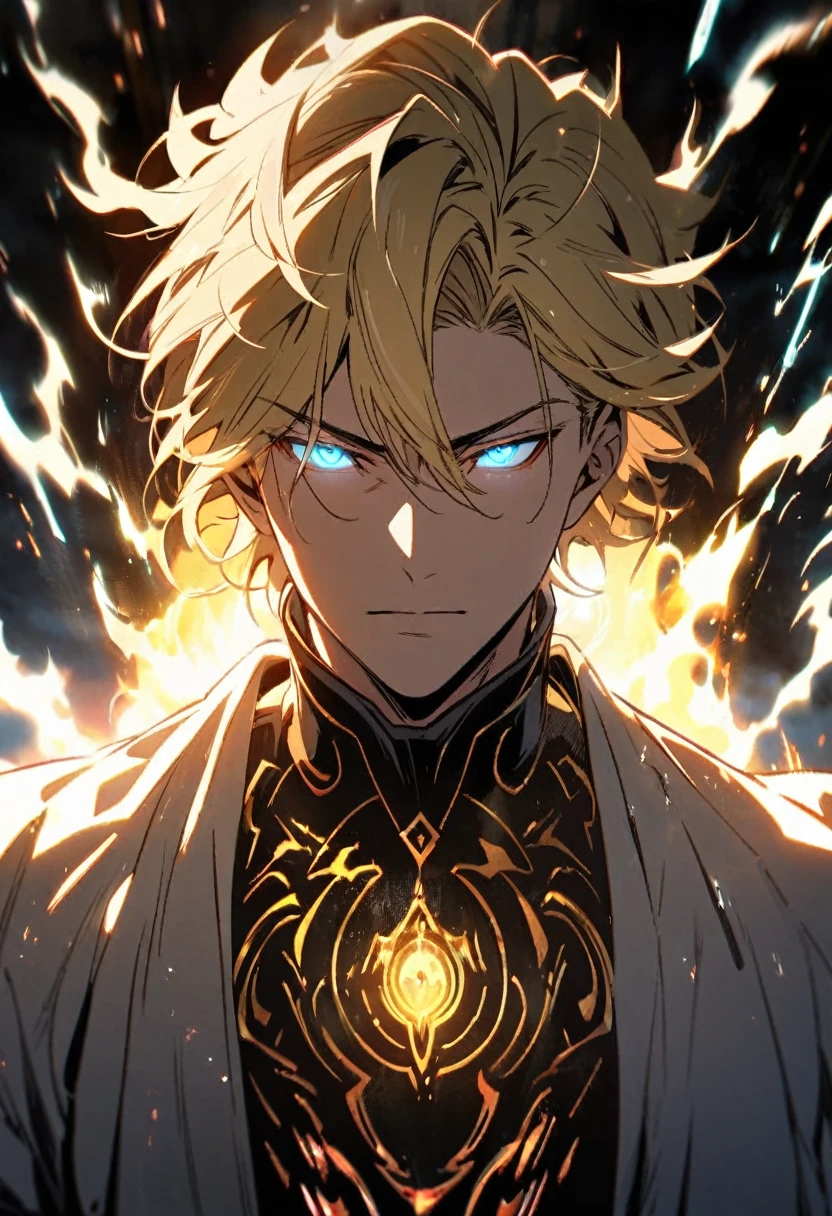male, solo, handsome, blond hair, god, god eyes, glowing eyes, light, aura, holo