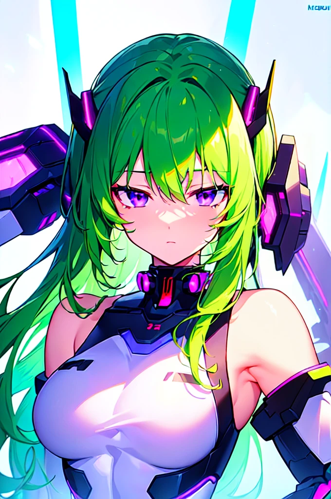 [(WHITE BACKGROUND:1.5),::5], ((((masterpiece)))), high quality, ultra very high resolution, full color, (((solo))), ((Mecha musume)), Mecha girl, ((Green hair)), (Purple eyes), anime, ((upper body)), neon light, cyborg body, (Purple neon effect:1.2)