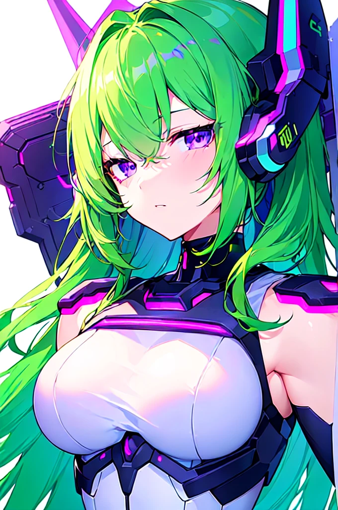 [(WHITE BACKGROUND:1.5),::5], ((((masterpiece)))), high quality, ultra very high resolution, full color, (((solo))), ((Mecha musume)), Mecha girl, ((Green hair)), (Purple eyes), anime, ((upper body)), neon light, cyborg body, (Purple neon effect:1.2)