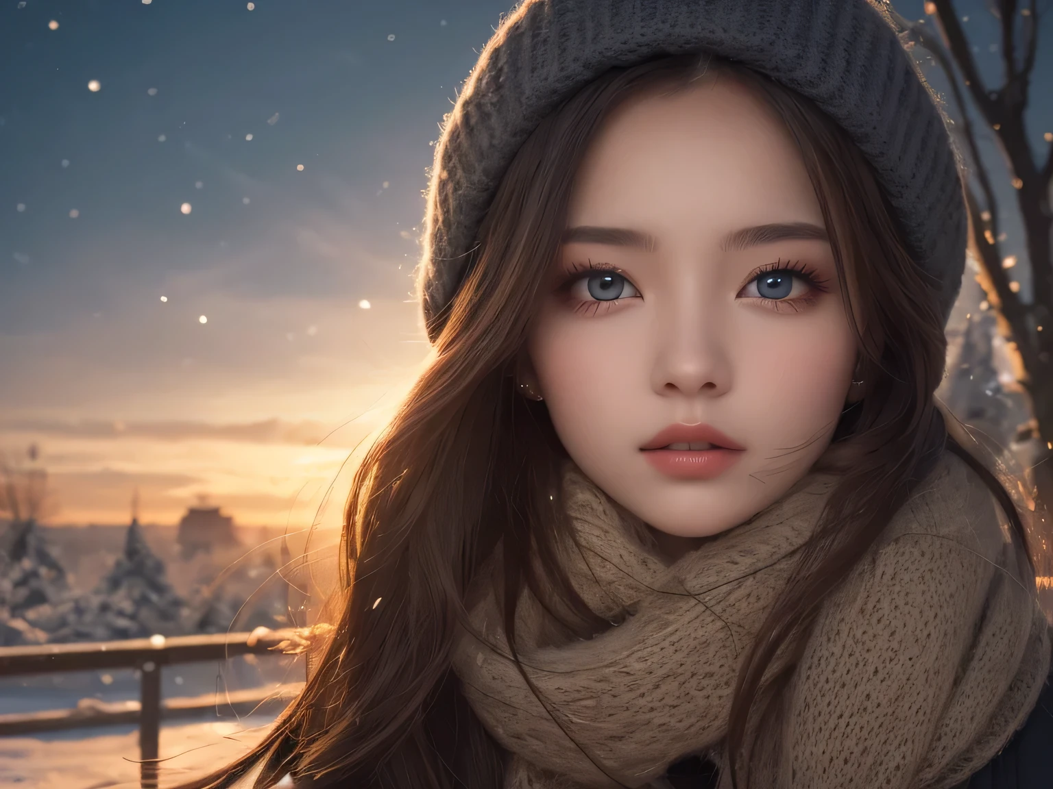 Tabletop, Highest quality, shape, Very detailed, finely, High resolution, 8k wallpaper, Perfect dynamic composition, Beautiful and beautiful eyes, Winter women's fashion,Straight hair,Small breasts、Natural color lip, Bold sexy pose,smile、20-year-old girl、cute、sexy shot looking at camera,Night view,Beautifully detailed face、KPOP idol faces,Japanese idol faces,Elegant face,Classy woman,Slim face and body,Small face,Big eyes,Very cute face,Putting on gal makeup