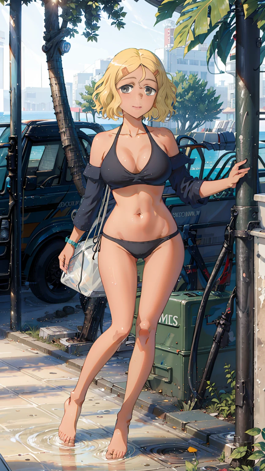 masterpiece,highest quality,official art,Highly detailed CG Unity 8K wallpaper,one cute tanned girl,black bra,black bikini,Flat chest,Navel exposed.,toned body,barefoot,私inside the city,ponytail,blonde,wearing sunglasses,smile,smiling face,face is turning red,Empty-handed,the sun's light is shining,light is reflected on the skin,standing at a crosswalk,((Ultra Wide Angle Photography)),((straighten your legs)),The entire body fits compactly in the center,full body,Many people々