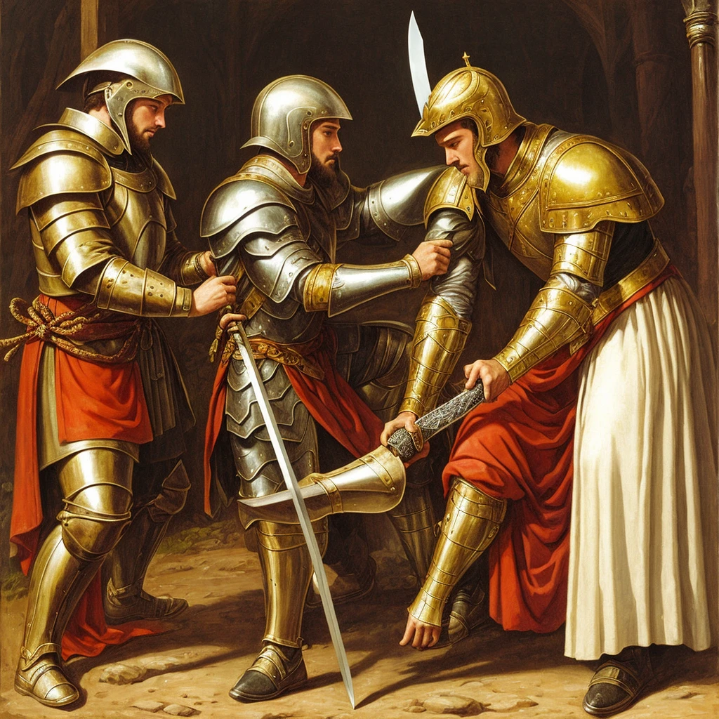 A kneeling man in armor receiving a sword from the king